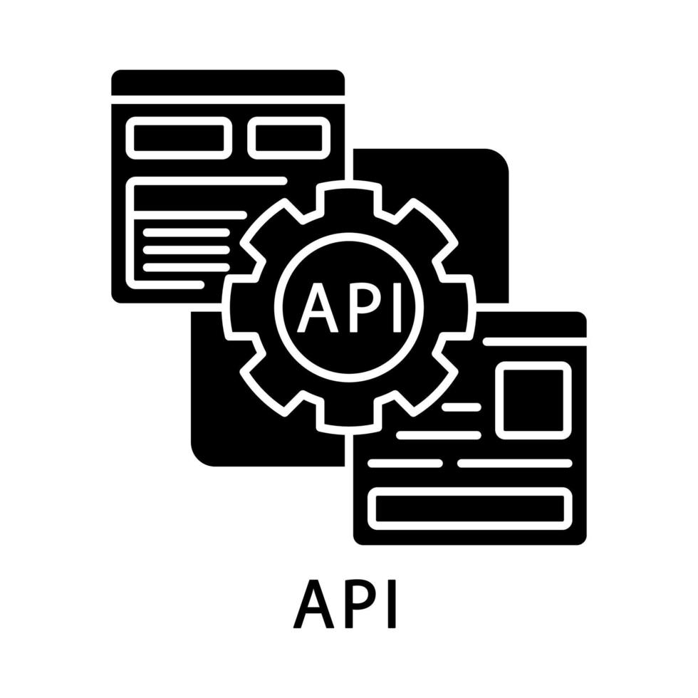 api glyph-pictogram. applicatie programmeerinterface. codering. software bouwstenen. robotachtige procesautomatisering. silhouet symbool. negatieve ruimte. vector geïsoleerde illustratie