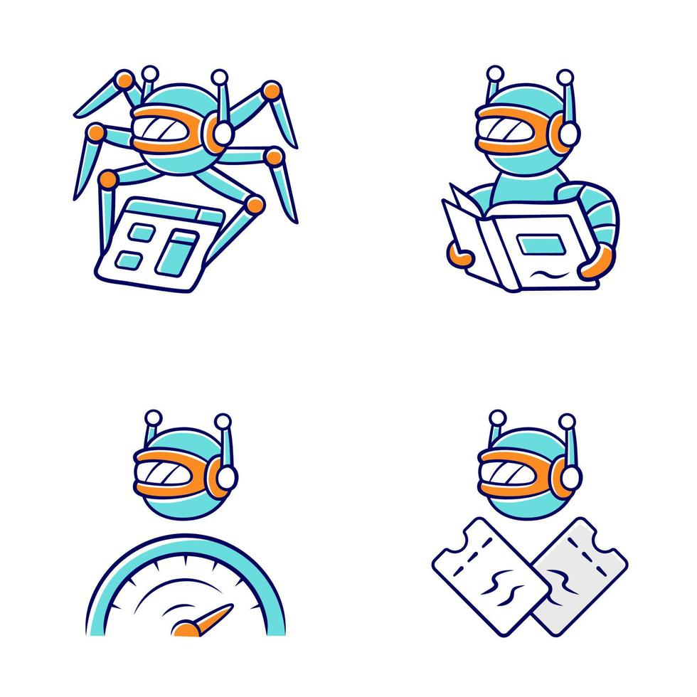 internet bots gekleurde pictogrammen instellen. crawler, tekstlezen, optimizer, scalperrobot. kunstmatige intelligentie. ai. software-app. virtuele assistent. computer bediening. geïsoleerde vectorillustraties vector