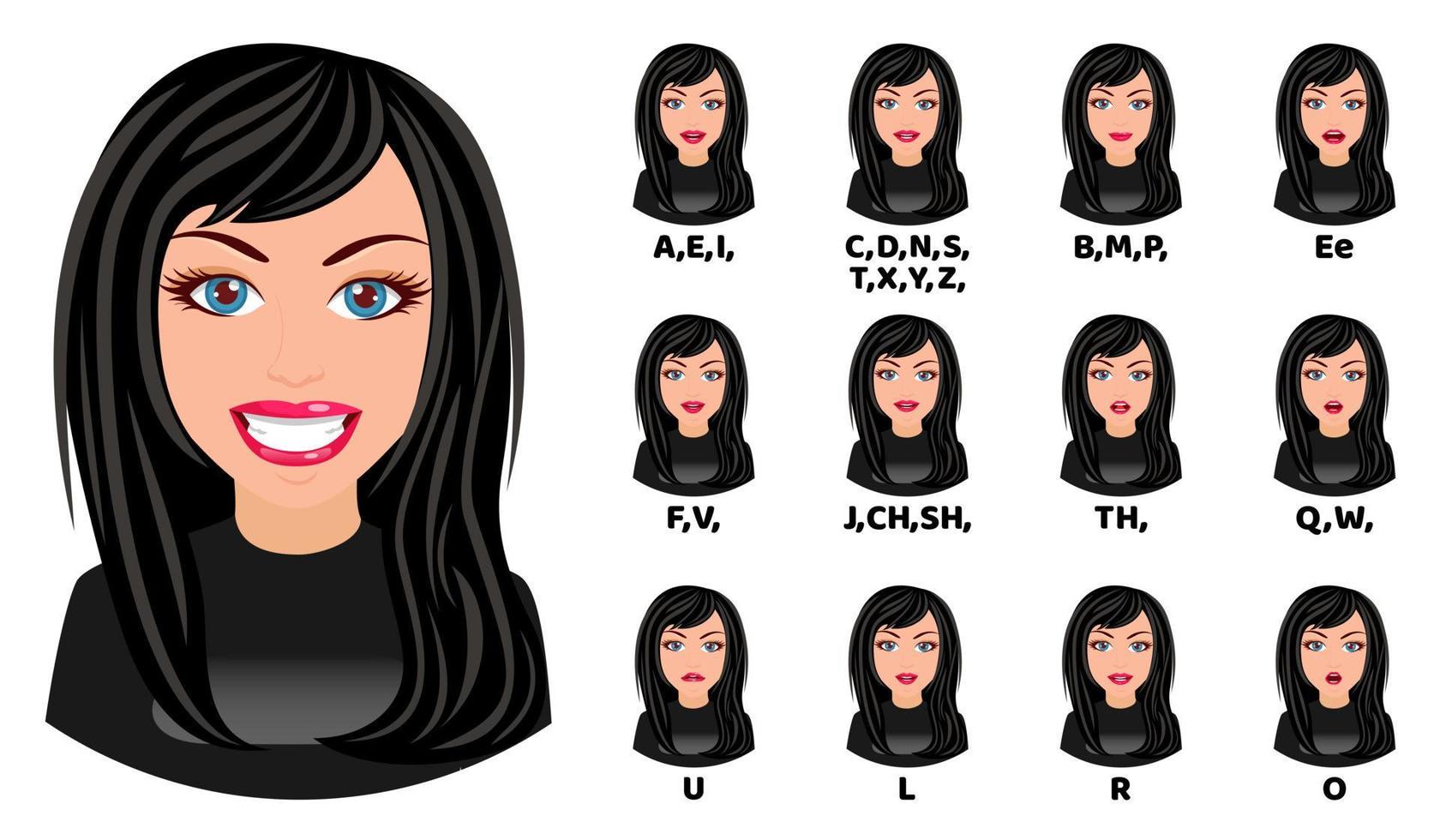 schattig meisjeskarakter avatar en met mondanimatiepakket met lipsynchronisatieset voor animatie en geluidsuitspraak geïsoleerd vector