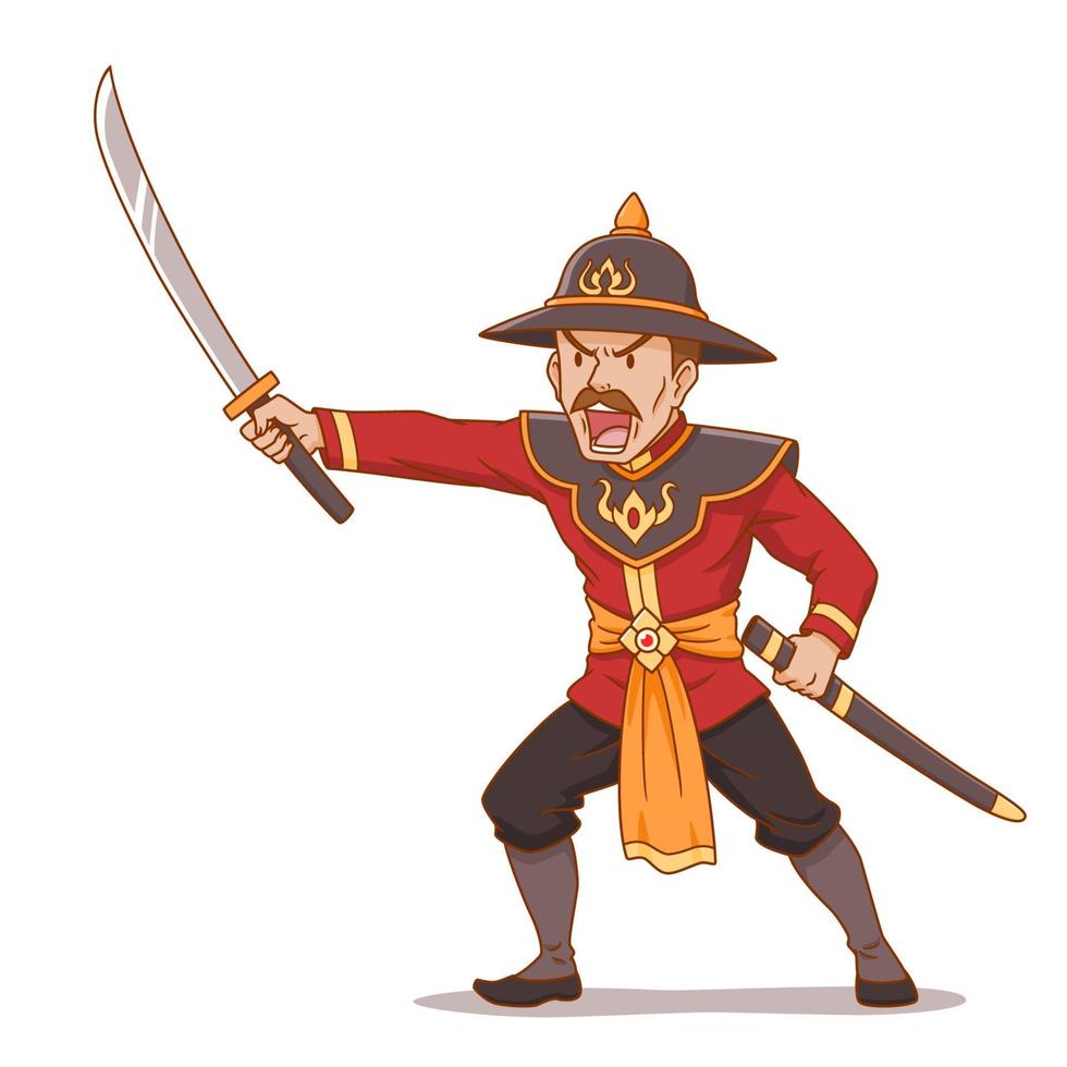 stripfiguur van Thaise oude krijger met zwaard. vector