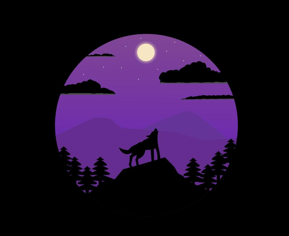 illustratie vector ontwerp van landschap en natuur van bos en berg met schreeuwende wolf om middernacht.