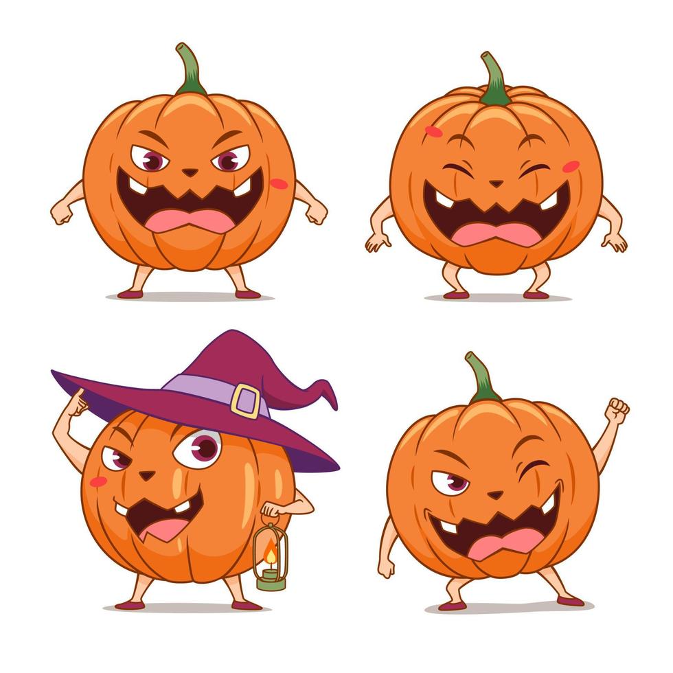 set cartoon pompoenen in verschillende poses voor halloween. vector