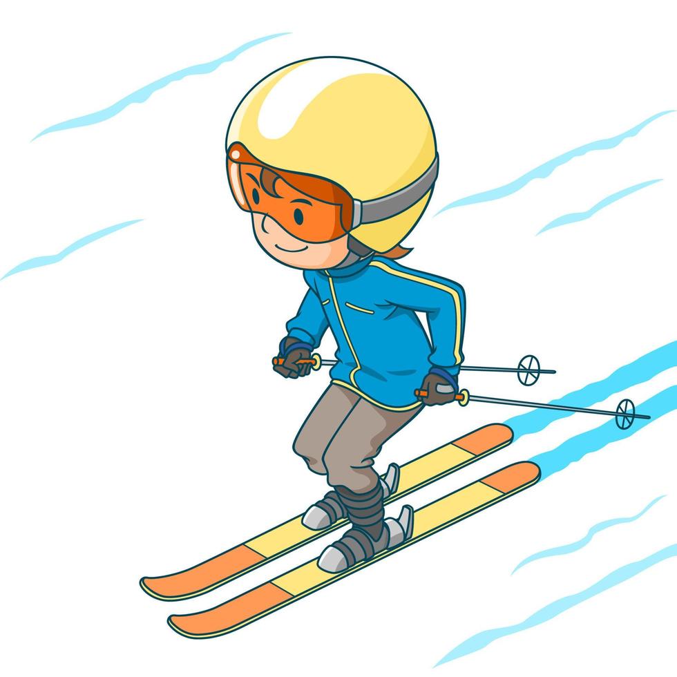 stripfiguur van schattige jongen die ski speelt. vector