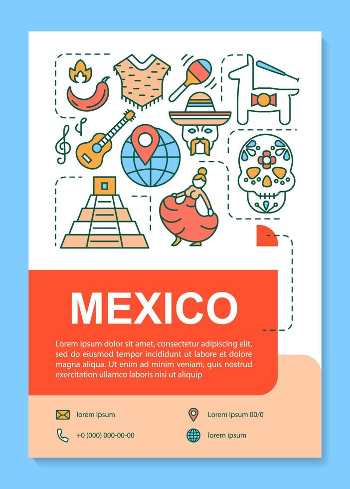mexico brochure sjabloon lay-out. Mexicaanse cultuur, vakantie. flyer, boekje, folder printontwerp met lineaire illustraties. vectorpaginalay-outs voor tijdschriften, jaarverslagen, reclameposters vector