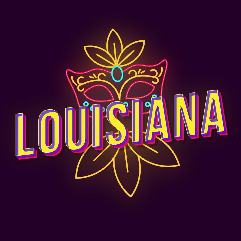 Louisiana vintage 3D-vector belettering. retro vet lettertype, lettertype. popart gestileerde tekst. neonlichtletters in oude schoolstijl. mardi gras carnaval. Jaren '90, '80 poster, spandoek. donkere violette kleur achtergrond vector