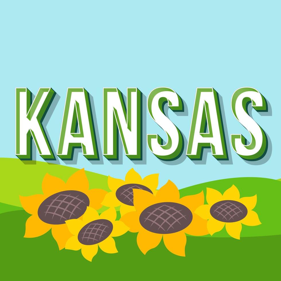 Kansas vintage 3D-vector belettering. retro vet lettertype, lettertype. popart gestileerde tekst. brieven in oude schoolstijl. 90s, 80s poster, banner, t-shirt typografieontwerp. landelijke landschap kleur achtergrond vector