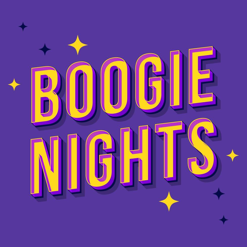 boogie nachten vintage 3D-vector belettering. retro vet lettertype, lettertype. popart gestileerde tekst. brieven in oude schoolstijl. 90s, 80s poster, banner, t-shirt typografieontwerp. paarse kleur achtergrond vector