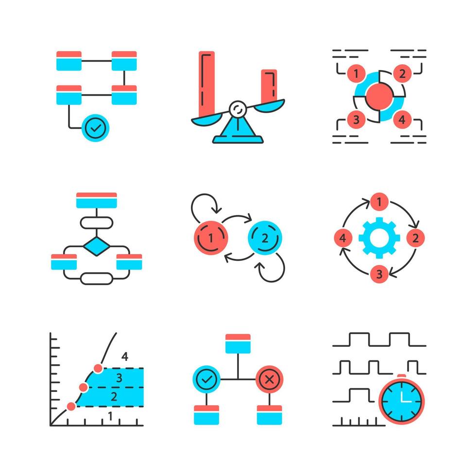 diagram concepten gekleurde pictogrammen instellen. statistische gegevens en visualisatie van processtromen. informatie symbolische representatie. vergelijkingen tussen afzonderlijke categorieën. geïsoleerde vectorillustraties vector