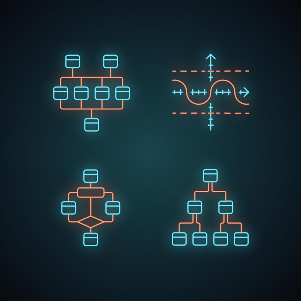 diagrammen neonlicht pictogrammen instellen. netwerk, boom, functiegrafiek, stroomdiagram. planning, processtroom. data visualisatie. symbolische weergave van info. gloeiende borden. geïsoleerde vectorillustraties vector