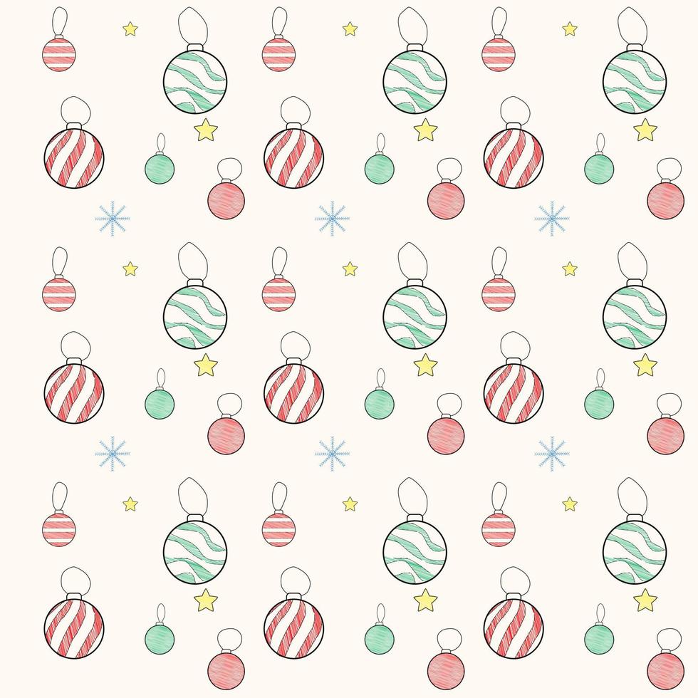 Kerstmis en Nieuwjaar naadloos patroon in doodle eenvoudige minimalistische stijl. rode en groene ballen, sterren en sneeuwvlokken doodled of met de hand getekend op lichtgele achtergrond. esthetisch en schattig. vector