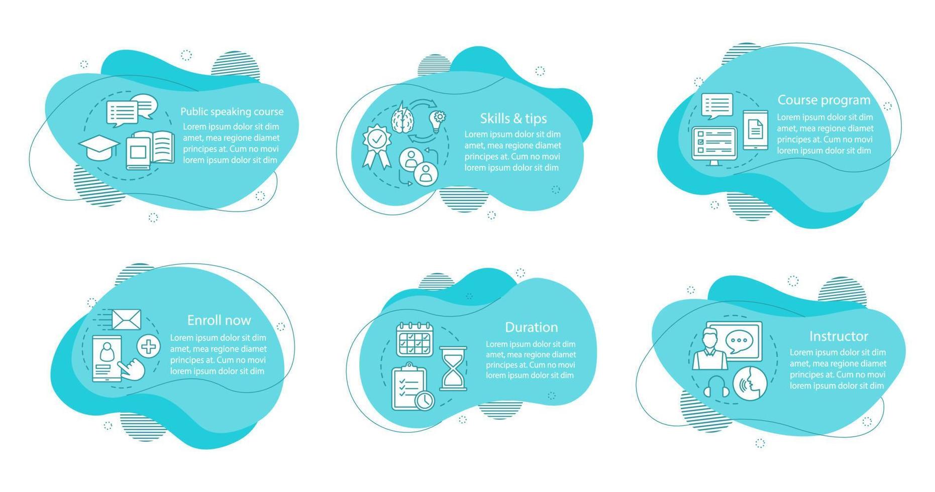 spreken in het openbaar cursus concept illustraties. oratorium opleiding infographic sjabloon. vloeiende elementen met tekst en lineaire pictogrammen. zes golvende bubbels stappen. presentatie, bannerrapport vector cliparts