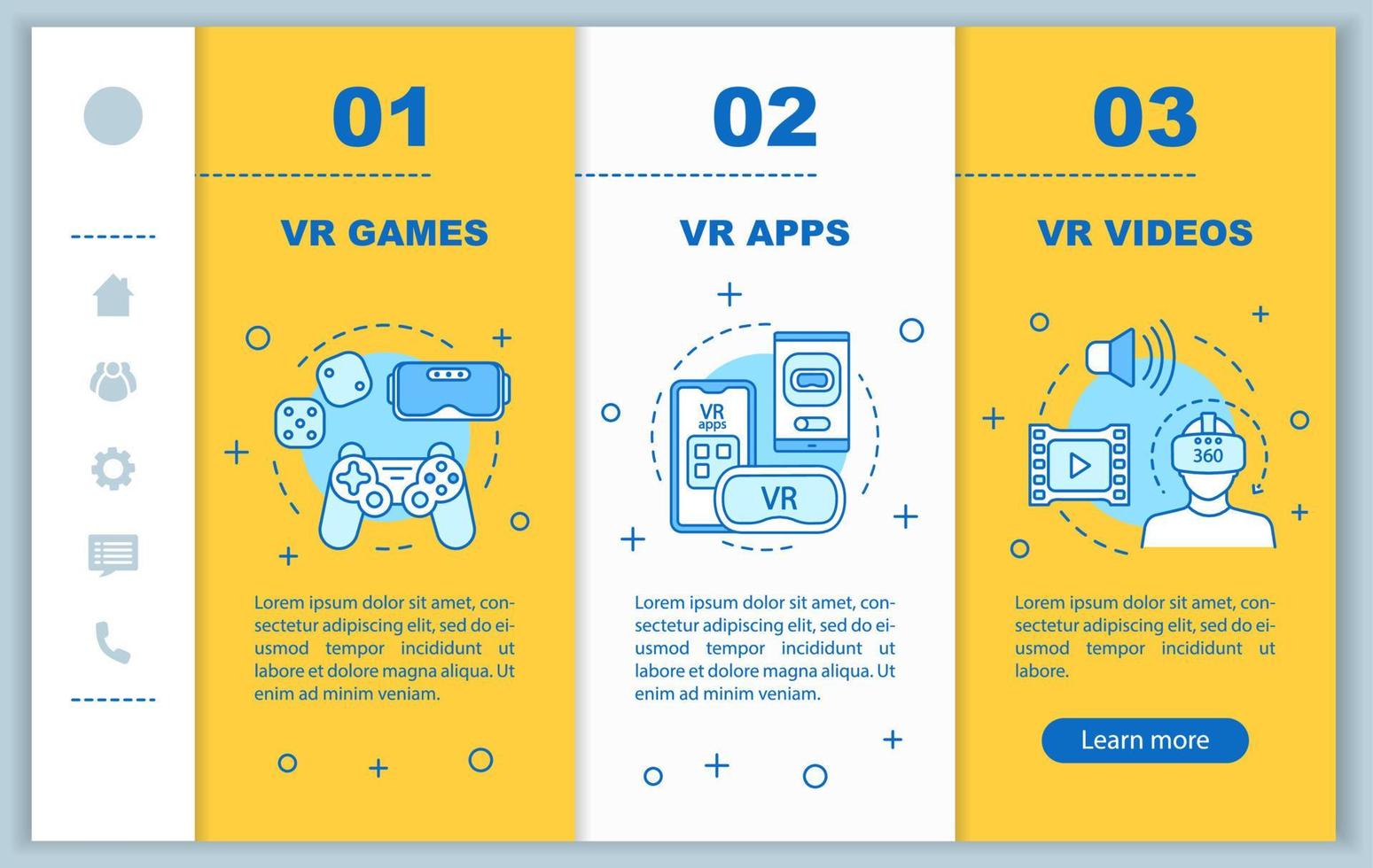 vr-programma's onboarding vectorsjabloon voor mobiele webpagina's. virtual reality-video's, apps, games. responsief smartphone-website-interface-idee. webpagina walkthrough stap schermen. kleur concept vector