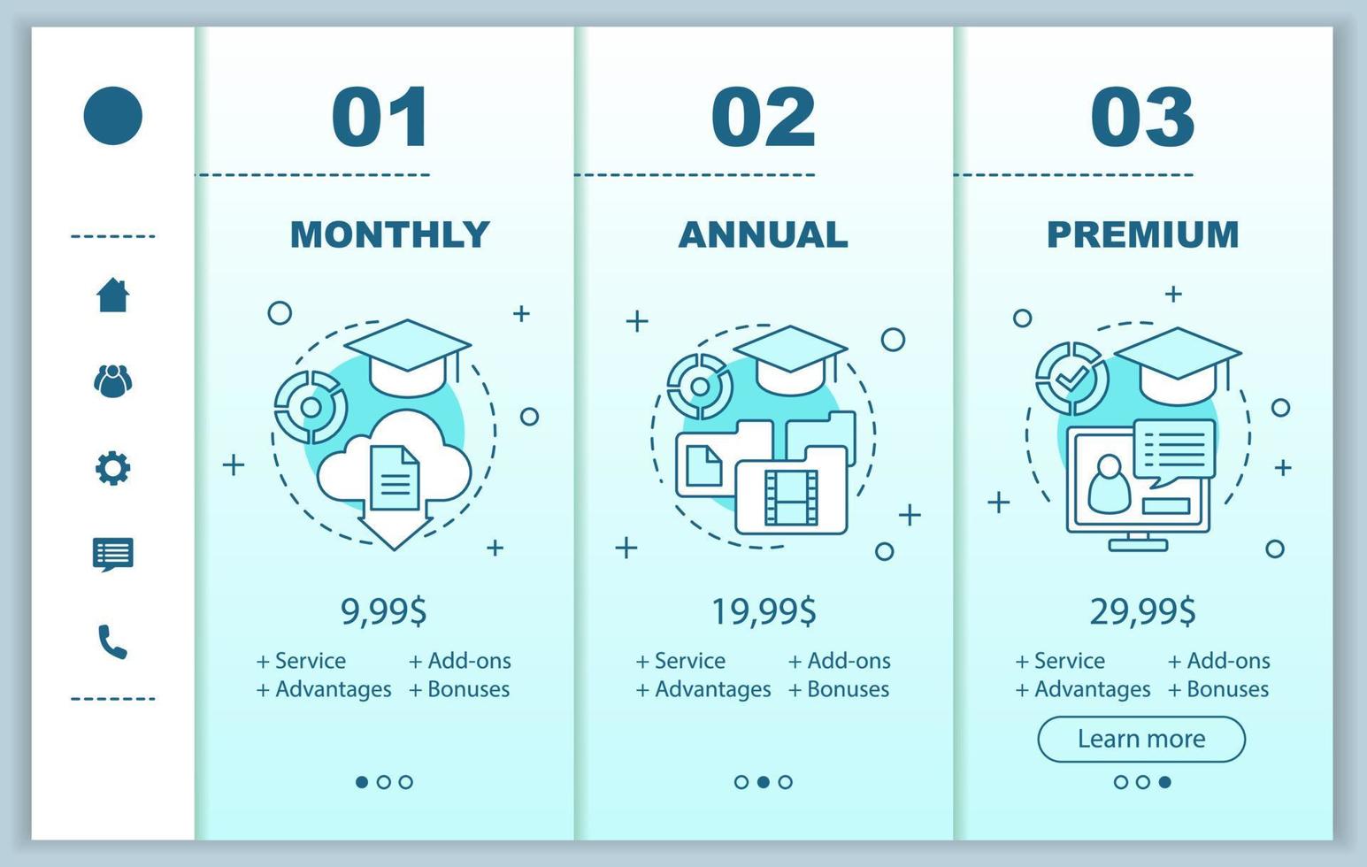 abonnementsprijzen voor educatieve programma's onboarding van mobiele app-schermen. e-leren. online onderwijs. walkthrough webpagina's sjablonen. stappen in het tariefplan. lidmaatschap betaling smartphone weblay-out vector