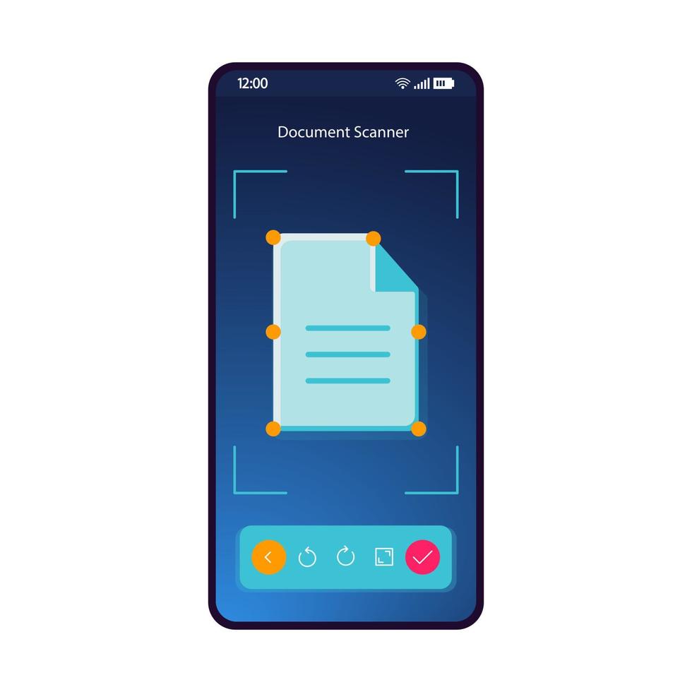 document scanner smartphone interface vector sjabloon. mobiele app pagina blauwe gradiënt ontwerp lay-out. tekstscan, herkenningsscherm. platte ui voor toepassing. bestandsconversie, opmaak. telefoon display