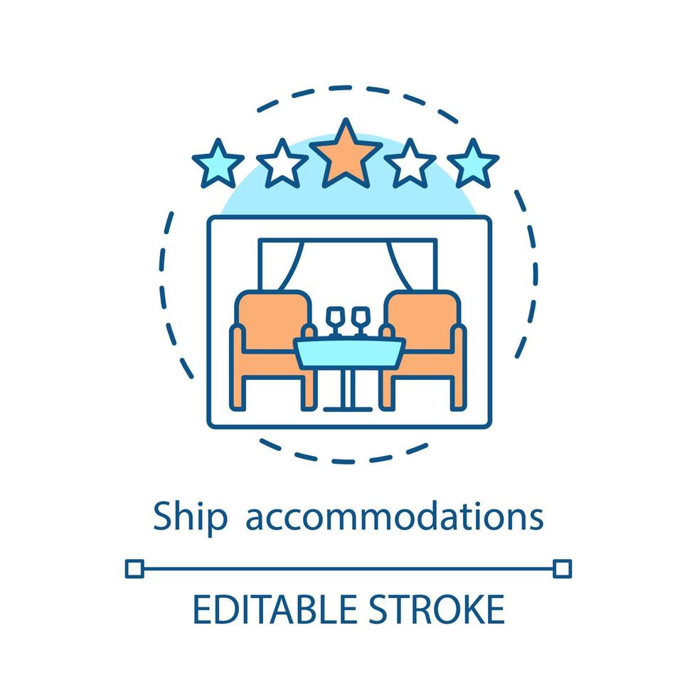 cruiseschip accommodaties concept icoon. cruise voorziening idee dunne lijn illustratie. reisbureau aanbieding. cruiseschip cabine rating. vijfsterren appartement. vector geïsoleerde overzichtstekening. bewerkbare streek