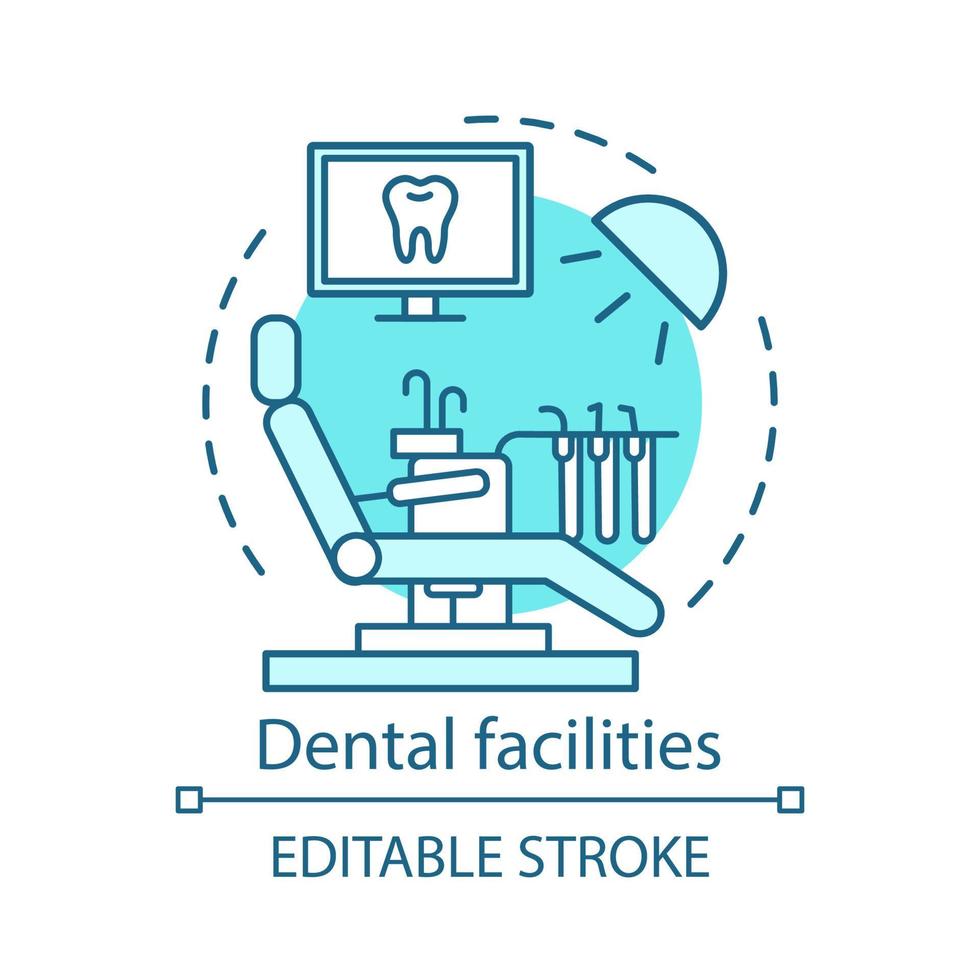 tandheelkundige faciliteiten concept icoon. moderne tandheelkunde. medische uitrusting. patiëntenstoel, lamp, scherm. stomatologische kantoor idee dunne lijn illustratie. vector geïsoleerde overzichtstekening. bewerkbare streek