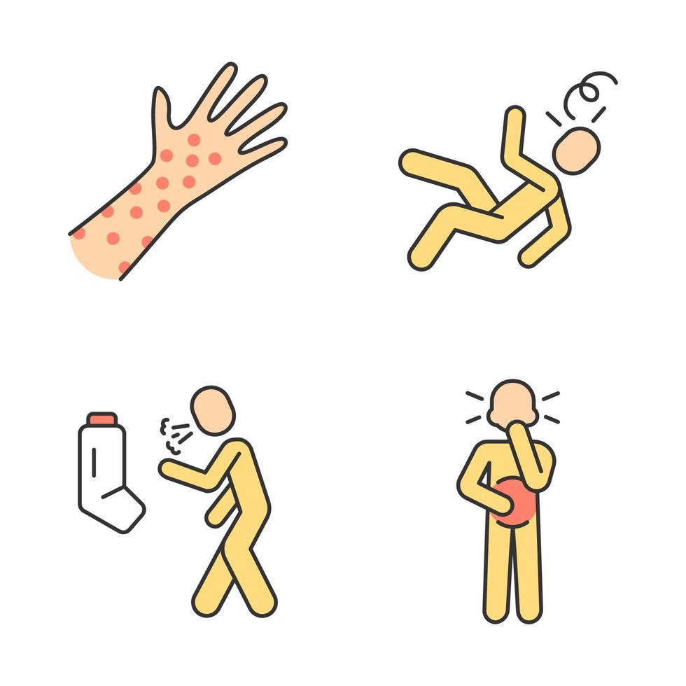 infectie, allergie symptomen kleur iconen set. huiduitslag allergische reactie. astma-aanval, bronchitis. duizeligheid, flauwvallen, vermoeidheid. rubeola, besmettelijke ziekte van mazelen. geïsoleerde vectorillustraties vector