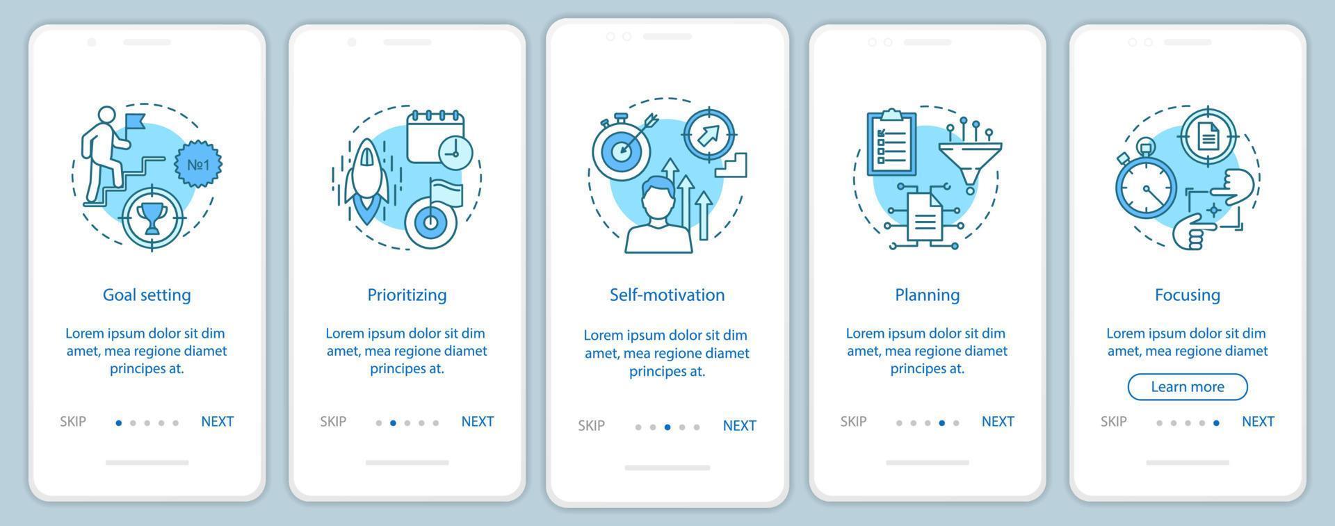 hr-vaardigheden aan boord van mobiele app-paginaschermvectorsjabloon. doelgerichtheid. werknemer kwaliteiten walkthrough website stappen. doelen stellen, plannen. ux, ui, gui smartphone-interfaceconcept vector