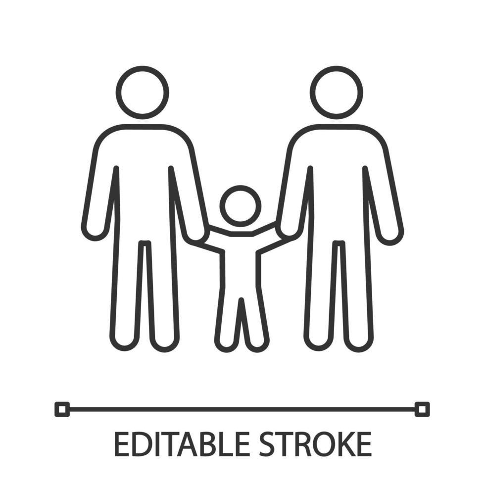 homo familie lineaire pictogram. dunne lijn illustratie. twee vaders met kind. ouderschap van hetzelfde geslacht. lhbt-ouders. twee mannen met kind. homo adoptie. contour symbool. vector geïsoleerde overzichtstekening. bewerkbare streek