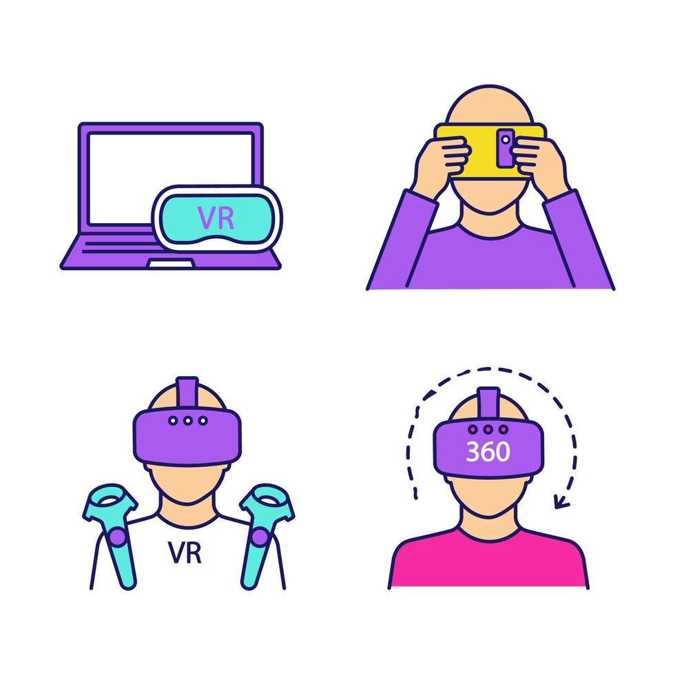 virtuele realiteit gekleurde pictogrammen instellen. vr-karton, spelers, computerheadset, 360 graden video. geïsoleerde vectorillustraties vector