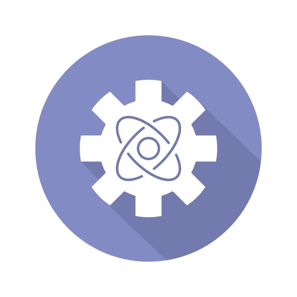 technische natuurkunde blauw violet plat ontwerp lange schaduw glyph pictogram. tandrad en atoomstructuurmodel. machinebouw. nano-technologieën. kernenergie gebruiken. vector silhouet illustratie