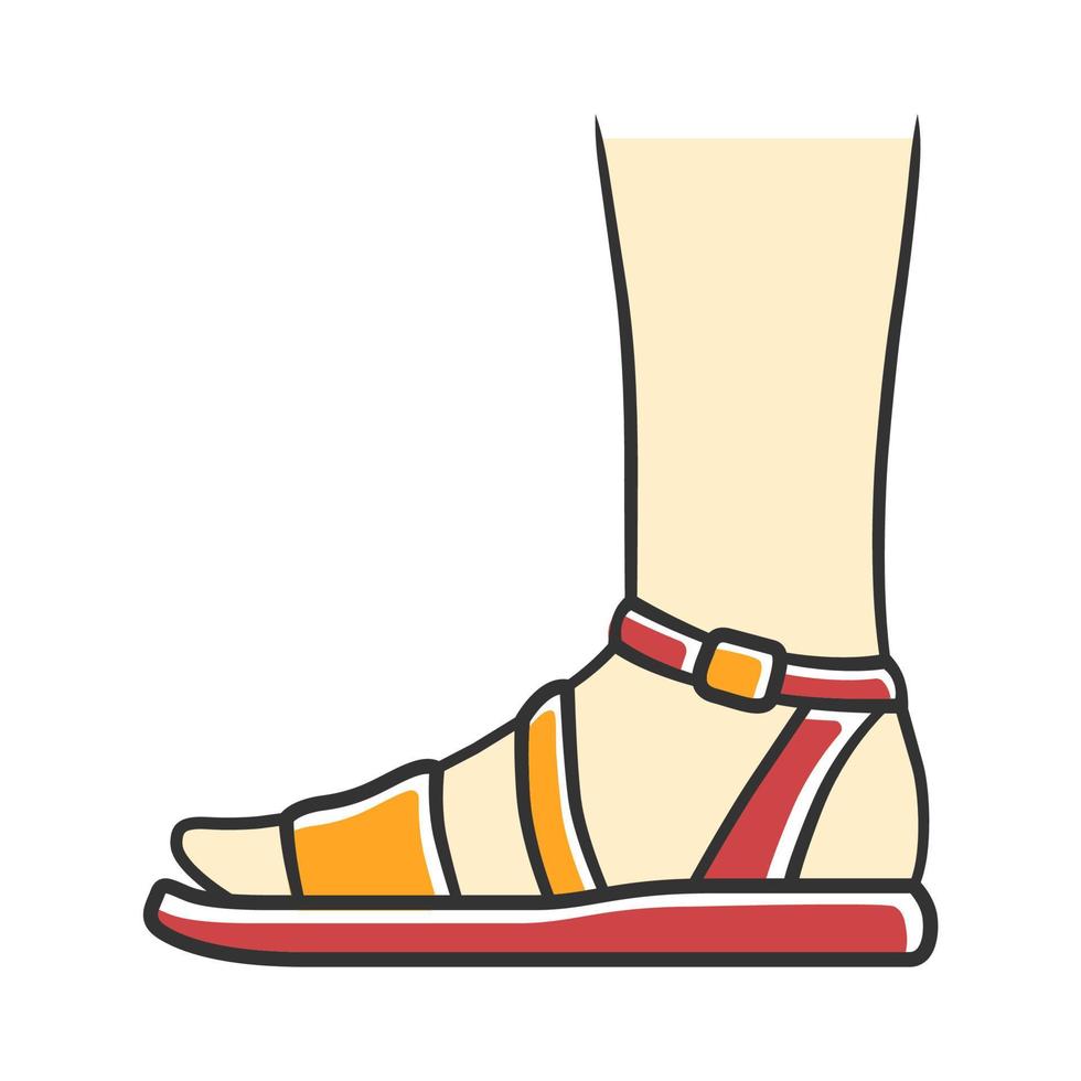 sandalen gele kleur icoon. vrouw stijlvol schoeisel ontwerp. vrouwelijke casual schoenen, moderne zomerflats met zijaanzicht van de enkelband. modieuze dameskleding accessoire. geïsoleerde vectorillustratie vector