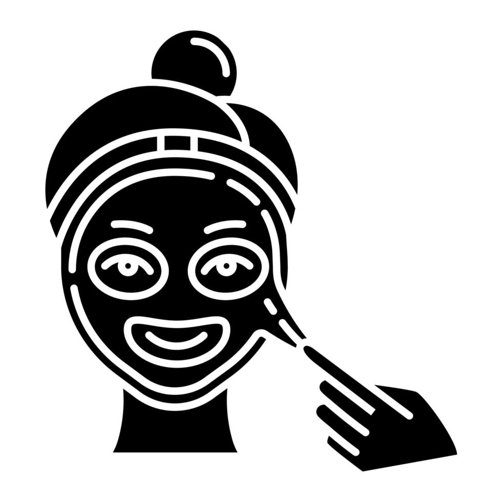 peel-off masker glyph-pictogram toepassen. huidverzorging procedure. gezichts schoonheidsbehandeling. gezichtsproduct om te liften en te exfoliëren. cosmetica. silhouet symbool. negatieve ruimte. vector geïsoleerde illustratie