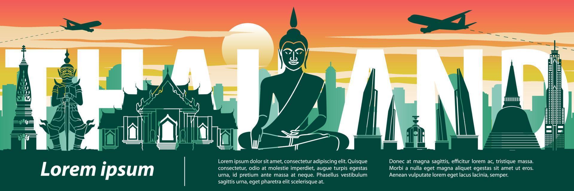 Thailand beroemde bezienswaardigheid silhouet stijl, tekst binnen, reizen en toerisme, zonsondergang toon kleurthema vector