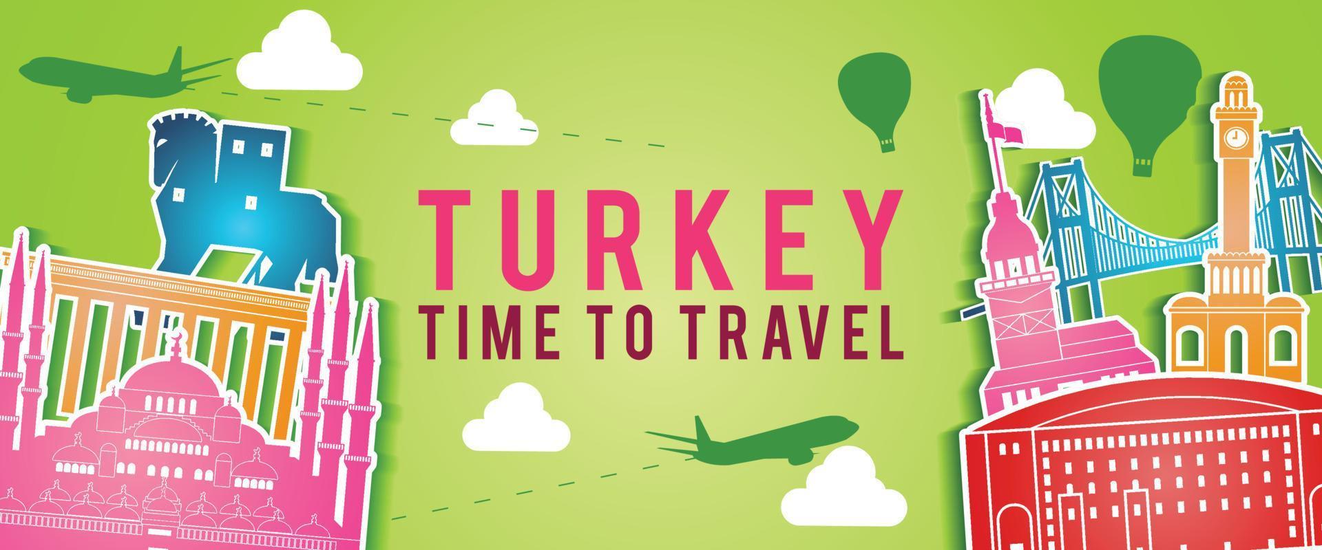 groene banner van Turkije beroemde bezienswaardigheid silhouet kleurrijke stijl, vliegtuig en ballon vliegen rond met cloud vector
