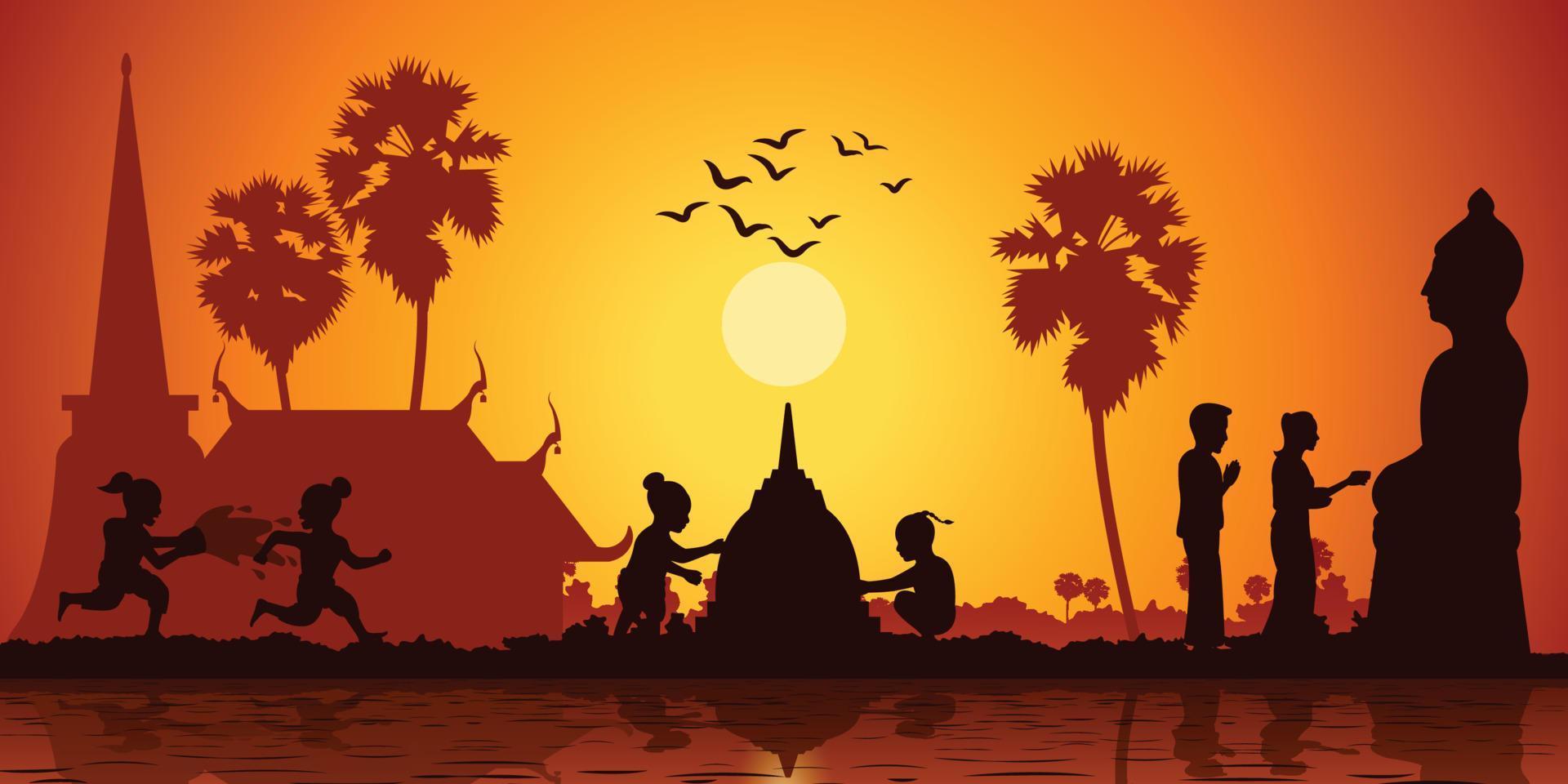 landleven van Azië kinderen spelen water en bouwen zandpagode terwijl paar water gieten naar Boeddhabeeld op zonsopgang, silhouetstijl vector