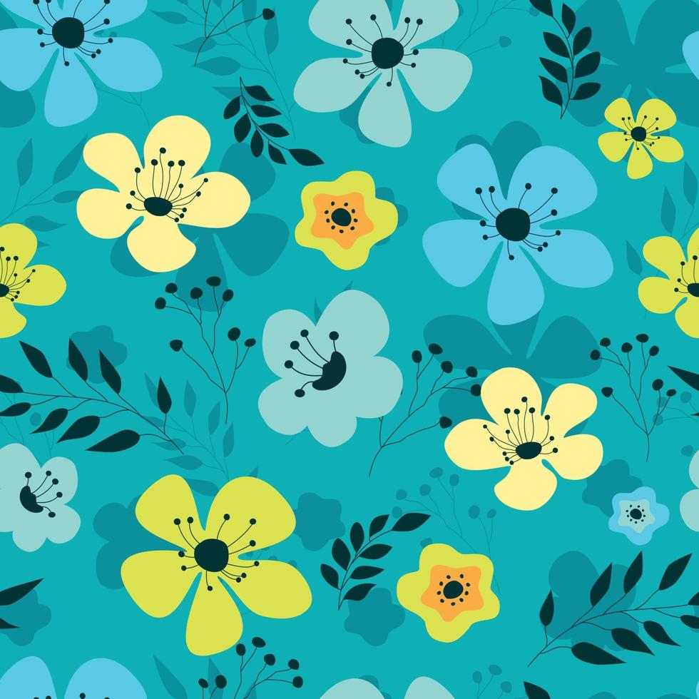 lente koel blauw en geel bloemen naadloos patroon vector