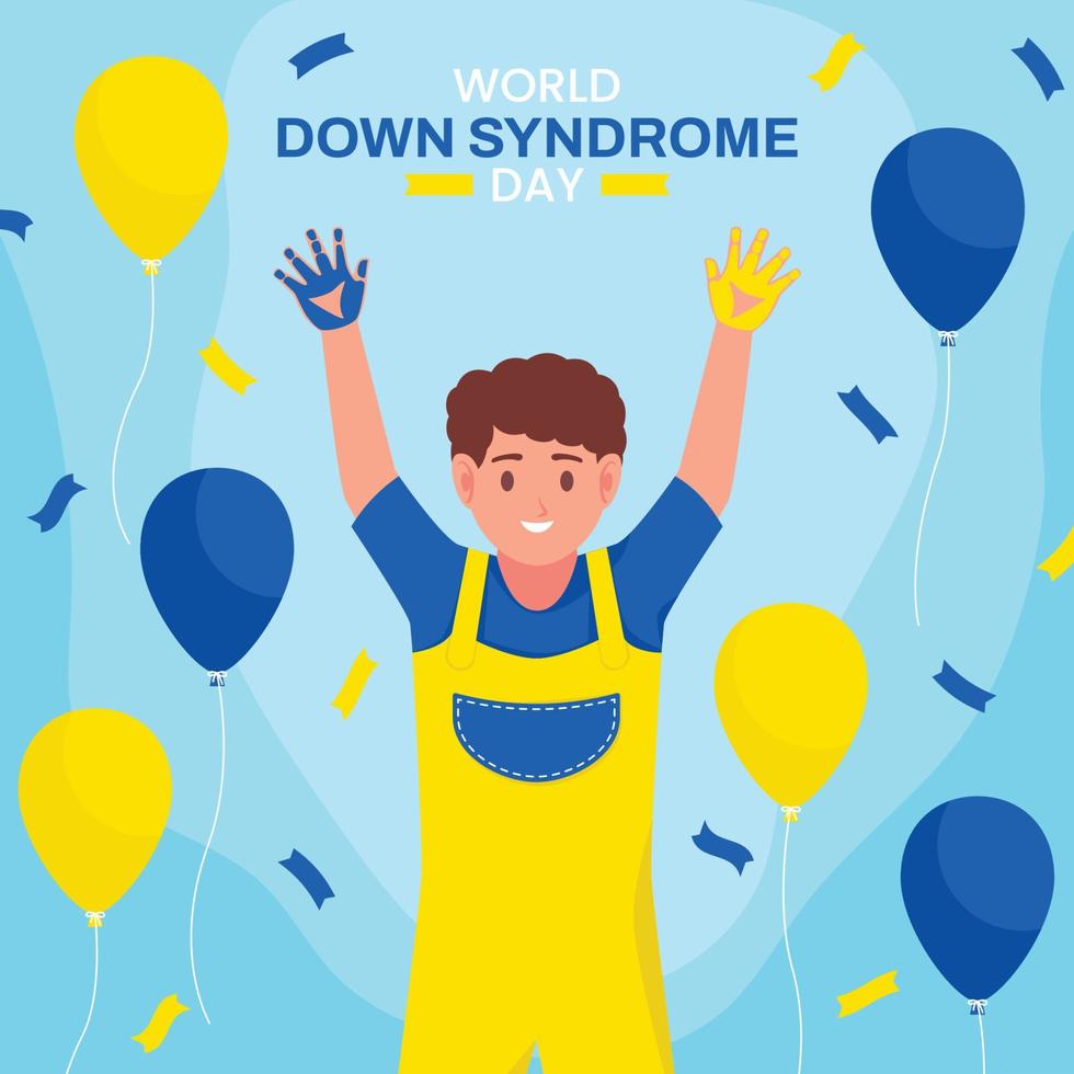 een kind met blauwe en gele kleur op zijn hand viert World Down Syndrome Day vector