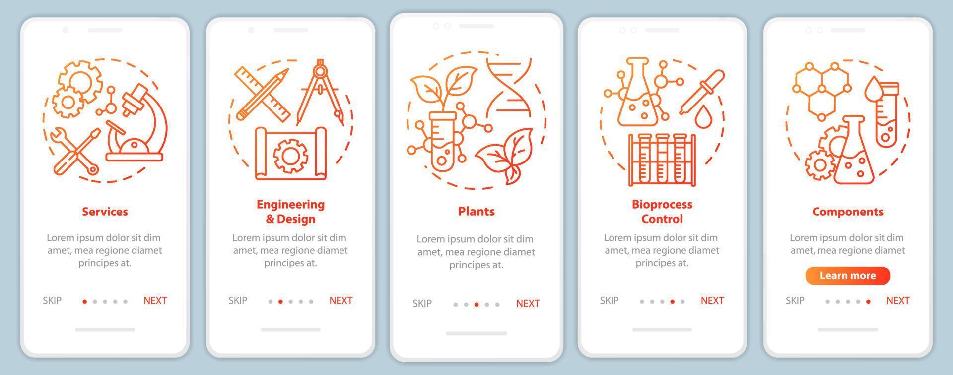 bioengineering onboarding mobiele app-paginascherm vectorsjabloon. walkthrough website stappen met lineaire illustraties. diensten en fabrieken, componenten. ux, ui, gui smartphone-interfaceconcept vector