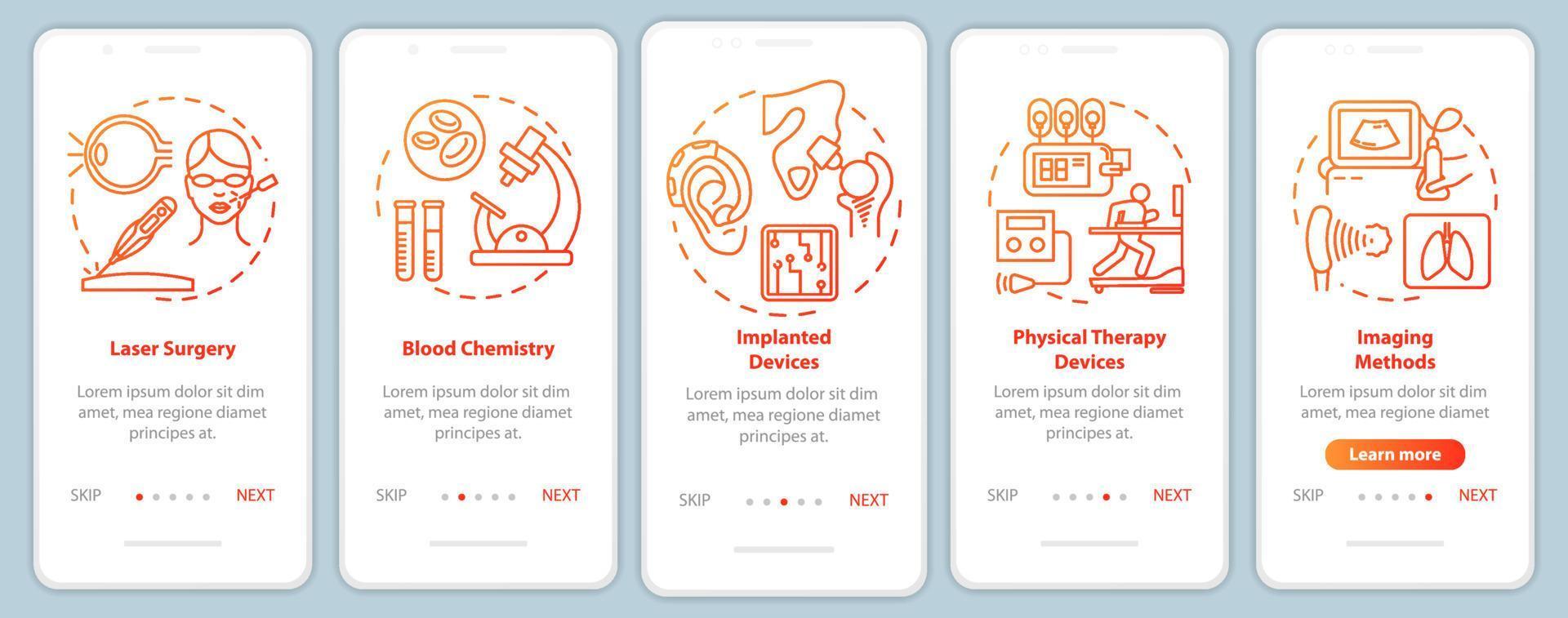 biomedische techniek onboarding mobiele app pagina scherm vector sjabloon. Laser operatie. walkthrough website stappen met lineaire illustraties. bloed samenstelling. ux, ui, gui smartphone-interfaceconcept