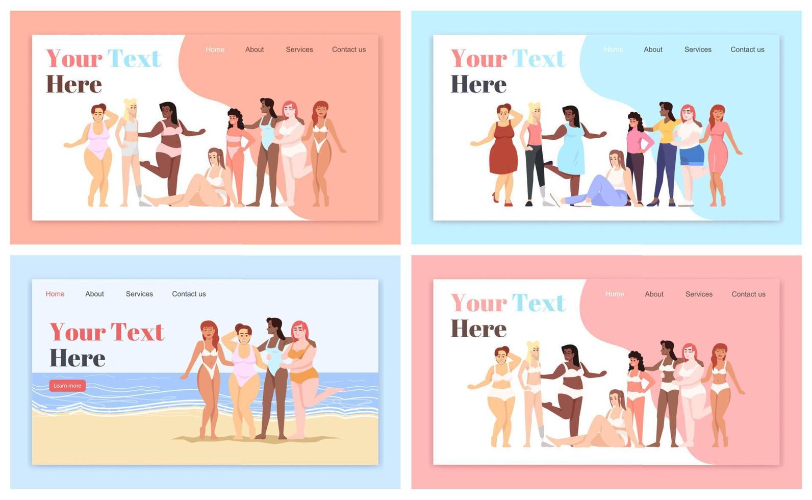 lichaam positieve bestemmingspagina vector sjablonen set. marine leisure website-interface idee met platte illustraties. lay-out van de startpagina van koken. vrouw gekleed in lingerie webbanner, webpagina cartoon concept