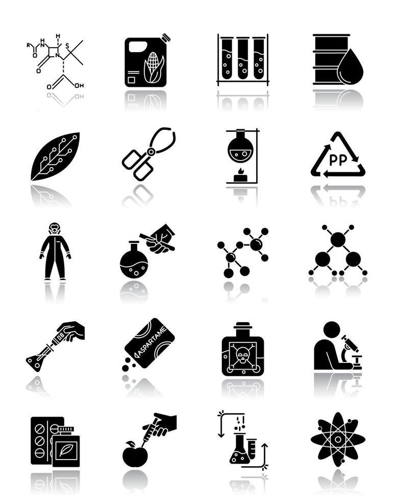 wetenschap en natuur slagschaduw zwarte glyph pictogrammen instellen. biotechnologische apparatuur. wetenschapper die in het laboratorium werkt. synthese van producten. organische chemie. geïsoleerde vectorillustraties vector