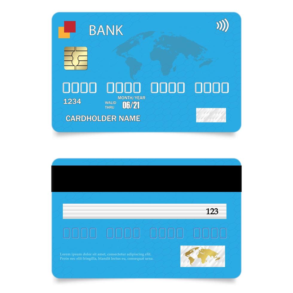 realistische vector creditcard twee kanten, blauw. winkelen korting plastic kaart. vector