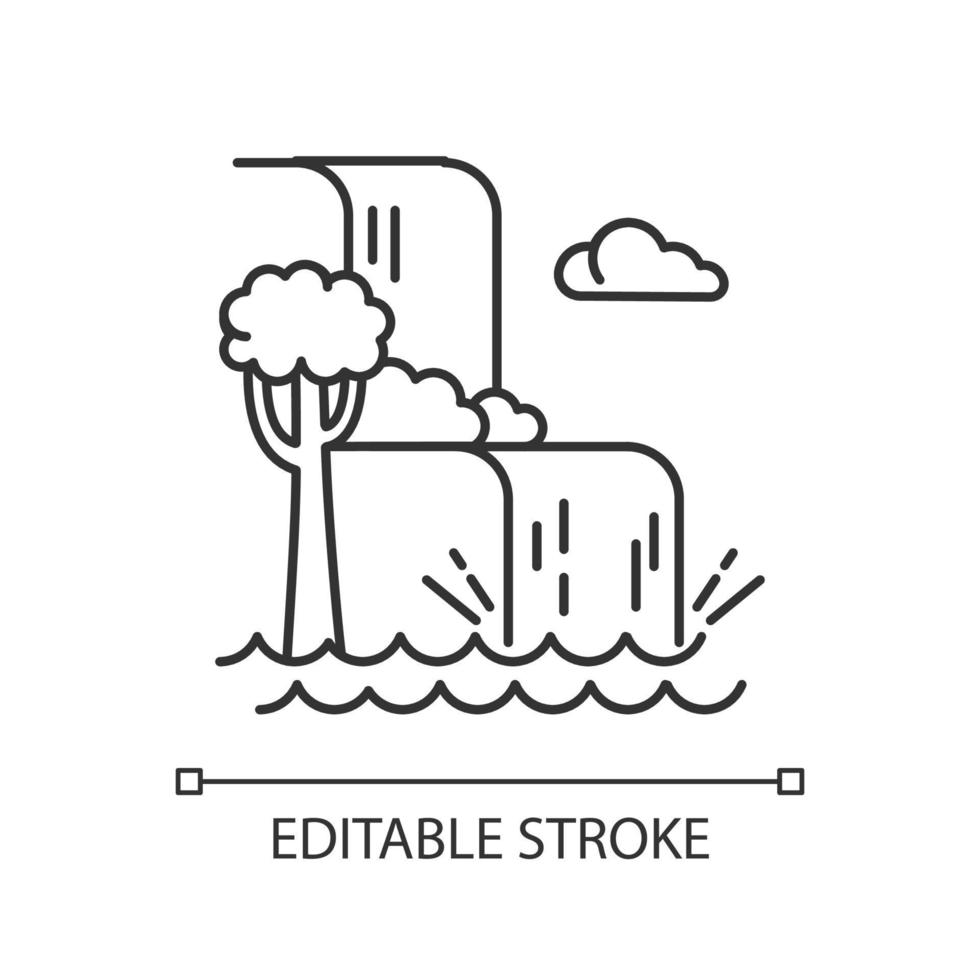 waterval landschap lineaire pictogram. vakantie naar Indonesië. tropische jungle rivieren. watercascade in regenwoud. dunne lijn illustratie. contour symbool. vector geïsoleerde overzichtstekening. bewerkbare streek