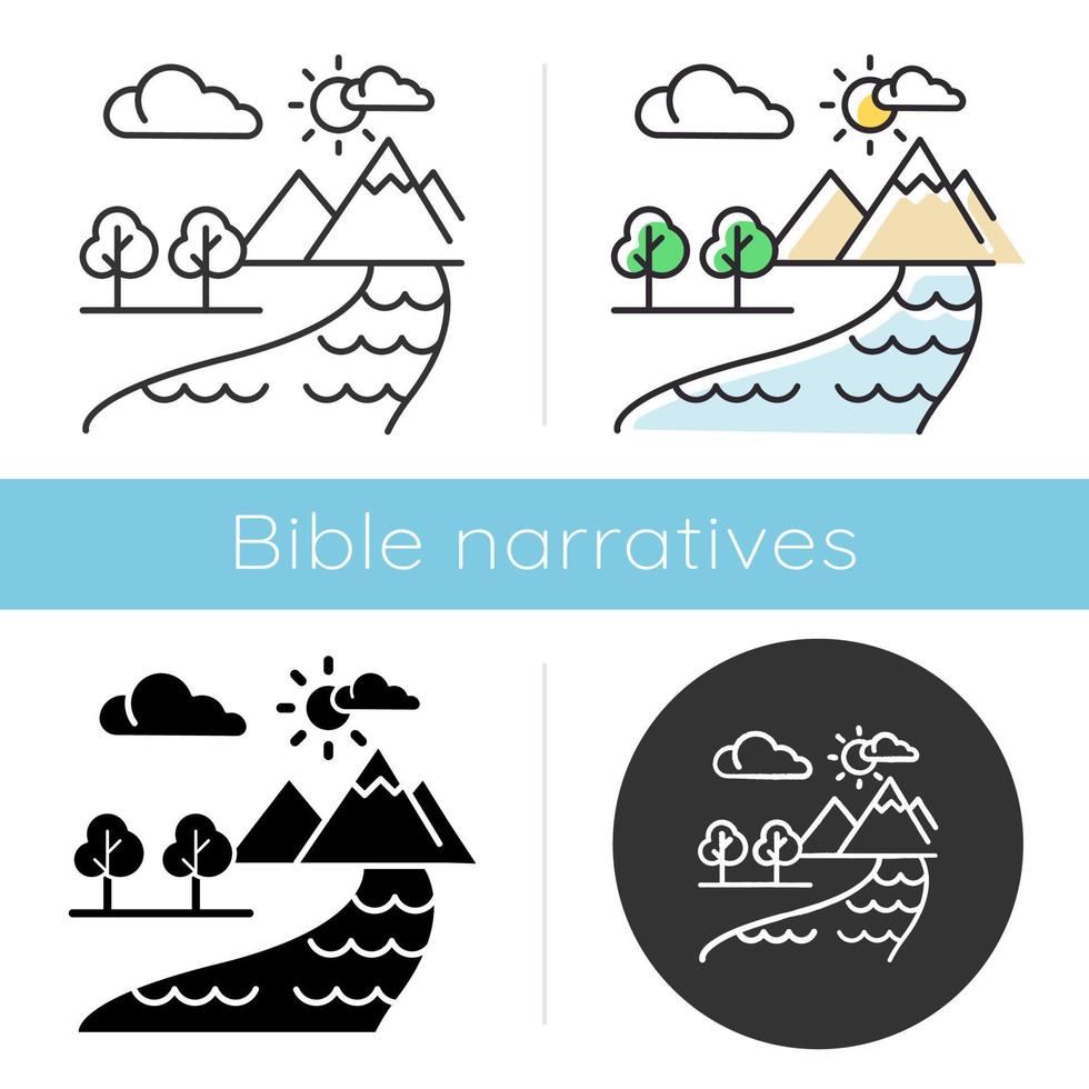 het begin bijbelverhaal icoon. wereld schepping. aarde, paradijs, hemel. religieuze legende. christelijke religie. bijbels verhaal. glyph, krijt, lineaire en kleurstijlen. geïsoleerde vectorillustraties vector