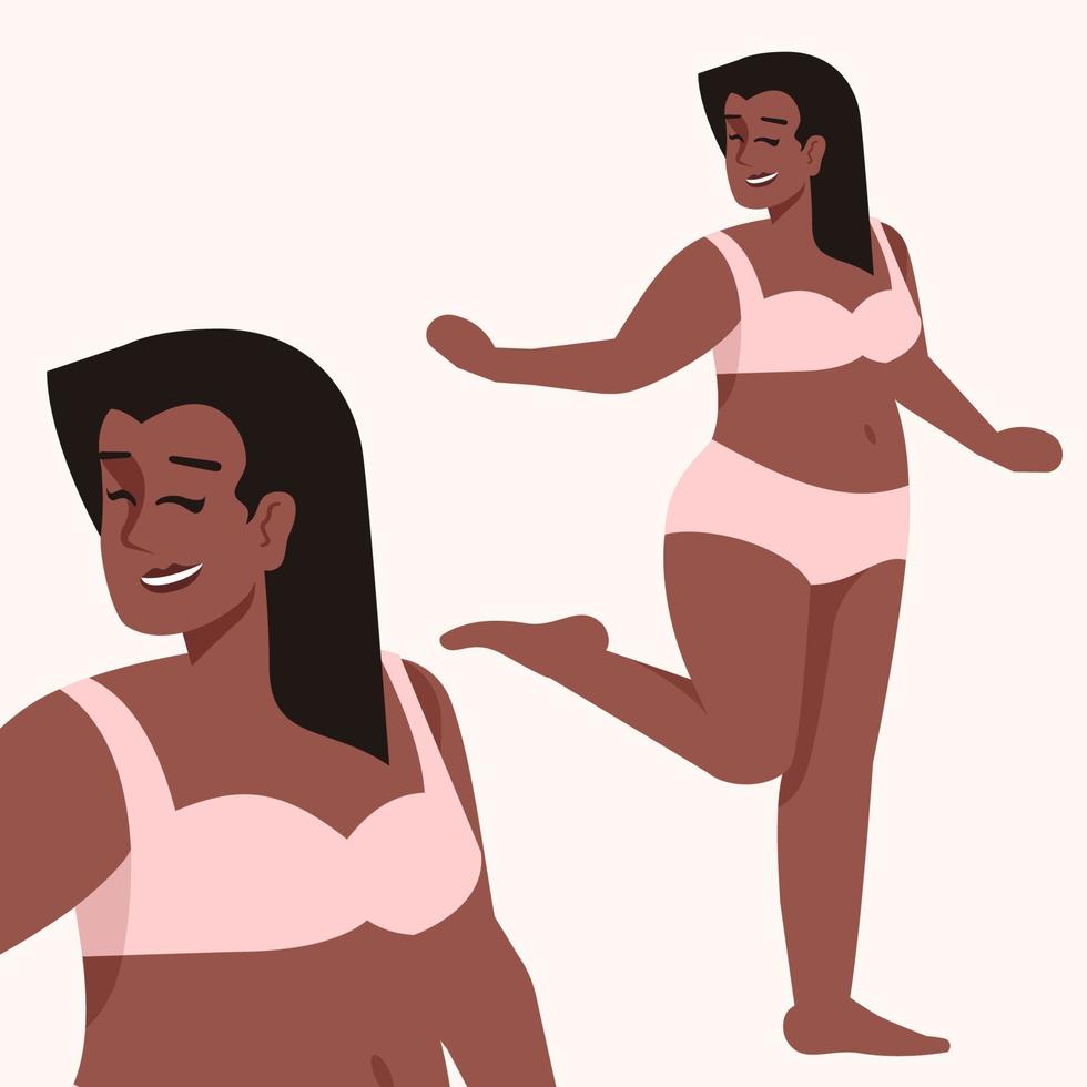 vrouw gekleed in tweedelig zwempak platte vectorillustratie. overgewicht. lichaam positief en feminisme. plus size figuur. Afro-Amerikaanse lachende dame geïsoleerde stripfiguur op witte achtergrond vector