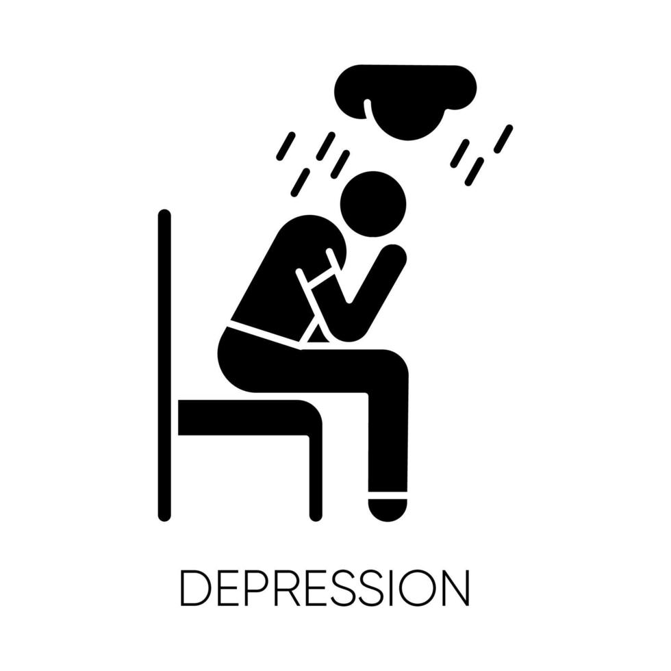 depressie glyph icoon. verdrietig en bezorgd man. laag humeur. huilende persoon. uitputting en vermoeidheid. frustratie en stress. mentale stoornis. silhouet symbool. negatieve ruimte. vector geïsoleerde illustratie