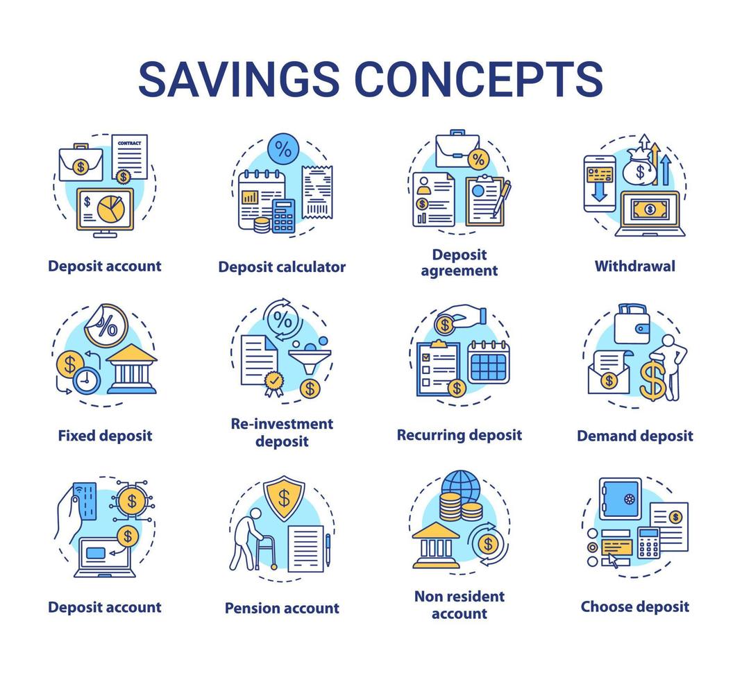 besparingen concept pictogrammen instellen. verschillende banksystemen, verschillende ideeen van depositorekeningen dunne lijnillustraties. passief inkomen uit spaarrekening. vector geïsoleerde overzichtstekeningen. bewerkbare streek