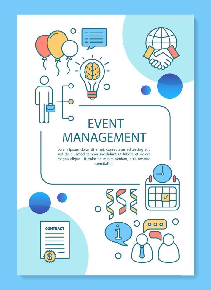 event management planning poster sjabloon lay-out. bedrijfsfeest. zakelijke bijeenkomst. banner, boekje, folder afdrukken met lineaire pictogrammen. vectorbrochure paginalay-outs voor tijdschriften, reclamefolders vector