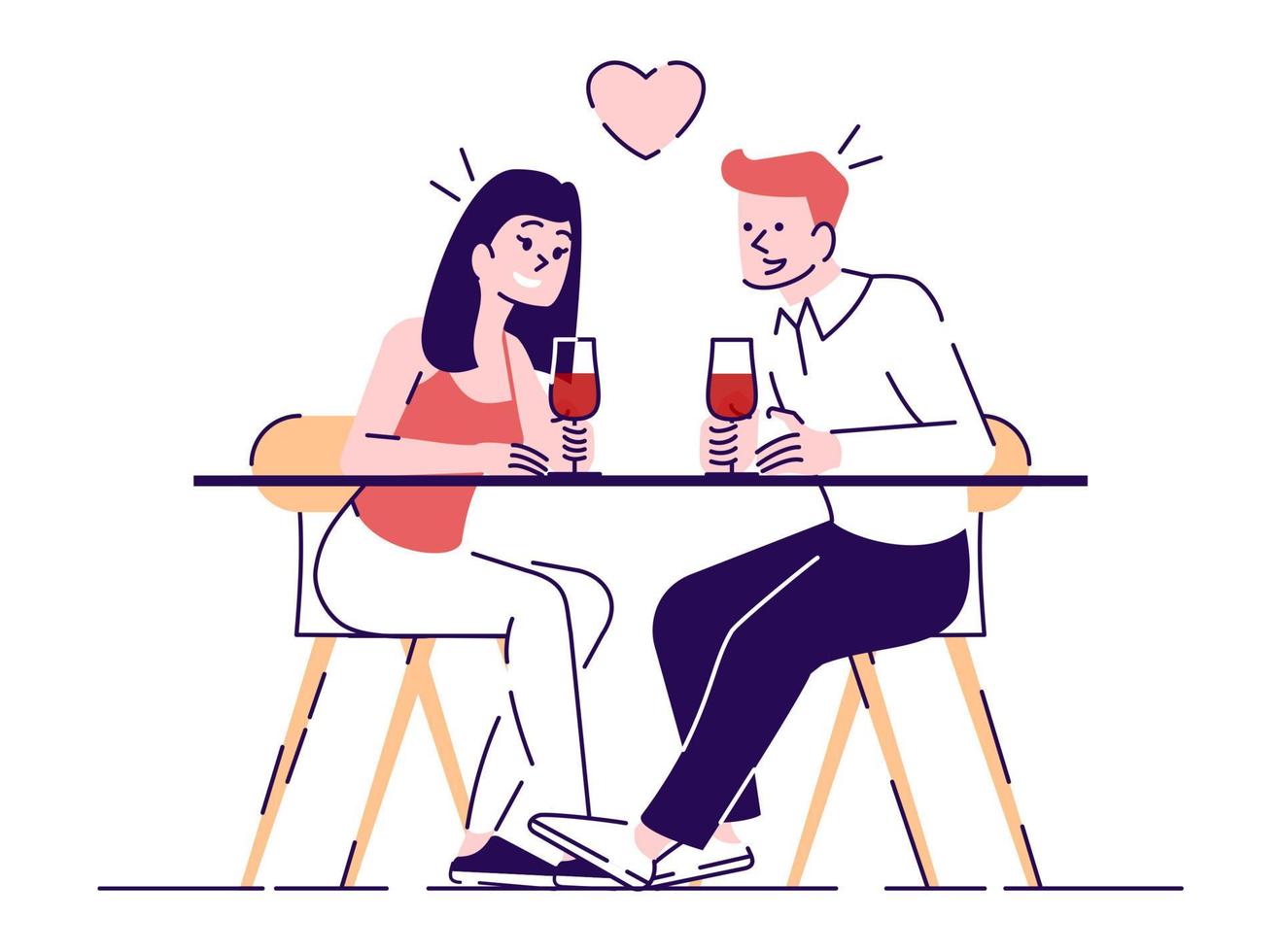 paar dating in café platte vectorillustraties. romantische jongen en meisje zitten aan de tafel van het restaurant. jongeren drinken wijn, flirten geïsoleerde stripfiguren met overzichtselementen op een witte achtergrond vector