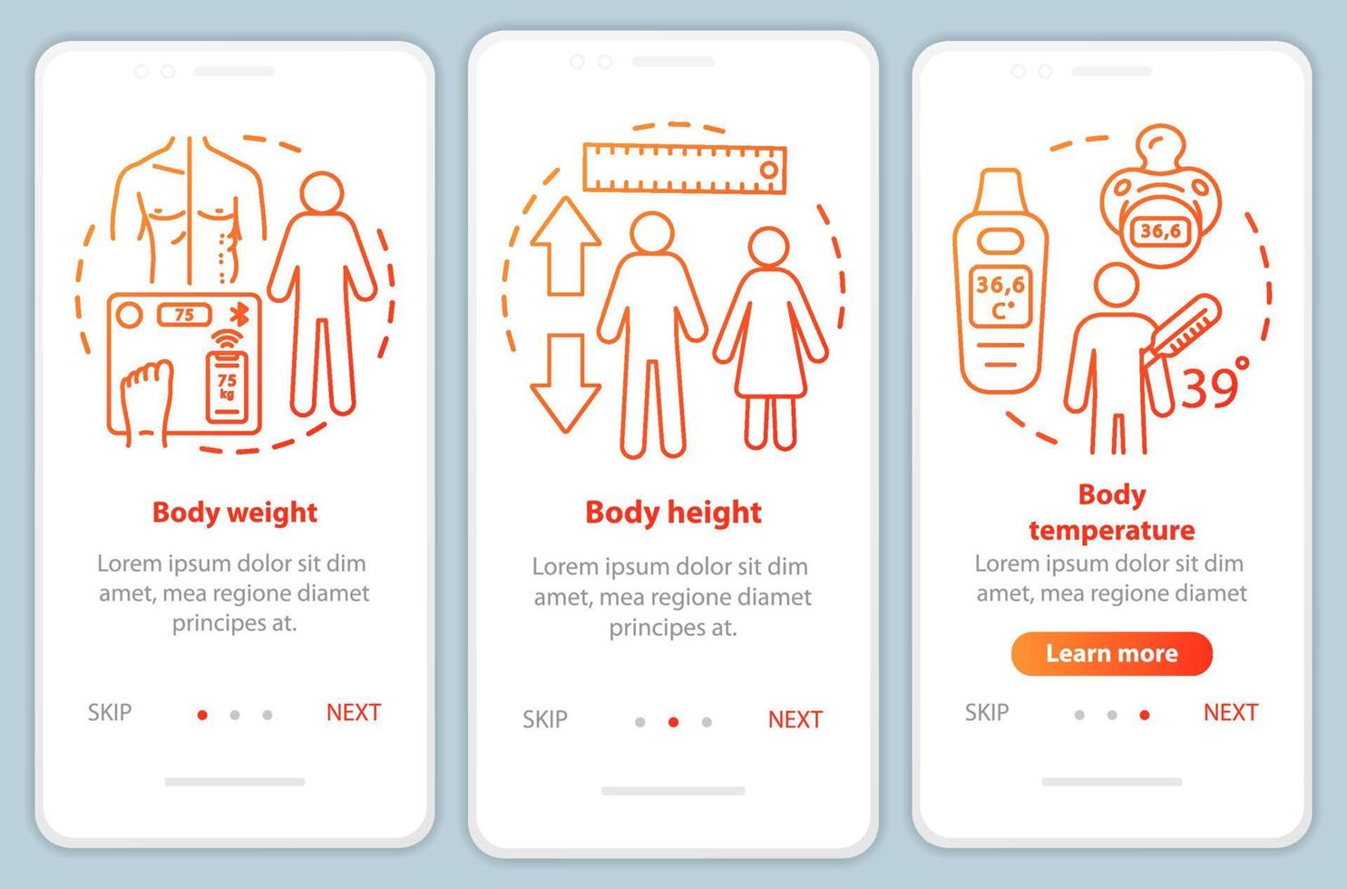 lichaamsmeting onboarding mobiele app pagina scherm vector sjabloon. walkthrough website stappen met lineaire illustraties. gewicht, lengte en temperatuur. ux, ui, gui smartphone-interfaceconcept