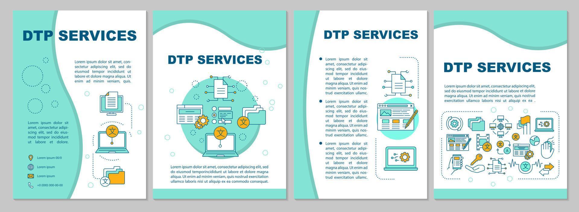 dtp-services brochure sjabloon lay-out. desktop-publishing-service. flyer, boekje, folder printontwerp met lineaire illustraties. vectorpaginalay-outs voor tijdschriften, rapporten, reclameposters vector