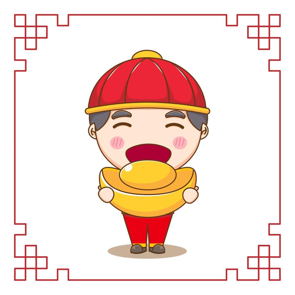 schattige chinese jongen met ingots gouden chibi stripfiguur. platte ontwerp illustratie vector