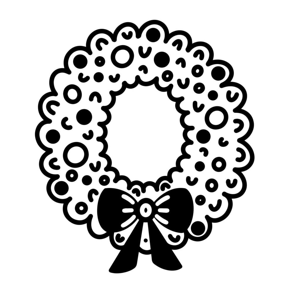 abstracte kerst krans vector pictogram. handgetekende illustratie geïsoleerd op een witte achtergrond. een schets van een seizoensdecoratie gemaakt van dennentakken. dennentakjes, versieringen, hulst, strik.