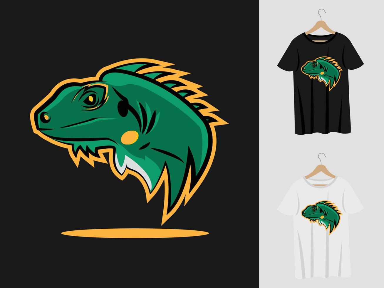 hagedis logo mascotte ontwerp met t-shirt. hagedis hoofdillustratie voor sportteam en bedrukking van t-shirt vector