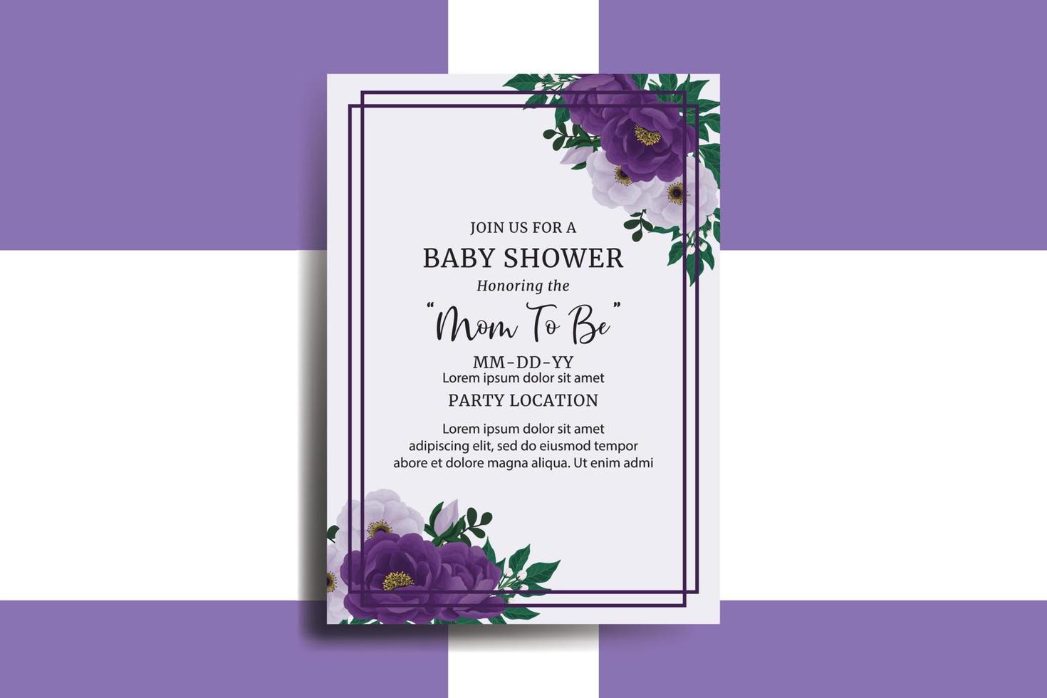 baby shower wenskaart paarse pioen bloem ontwerpsjabloon vector